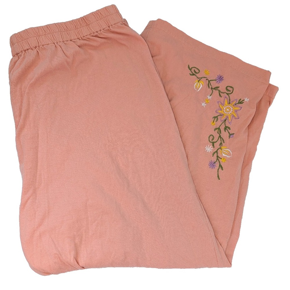 Country Store Floral Embroidered Wide Leg Pants L Peach Embroidered Elastic